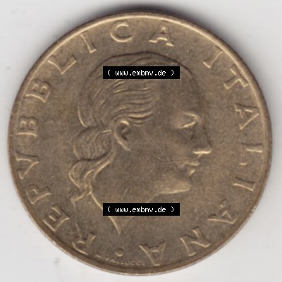 Münzen Italien Gedenkmünze 1992-1992, 200 Lire Briefmarkenausstellung in Genua. Rückseite der alten italienischen Münze aus Italien in der italienischen Lira-Währung... Sammlung