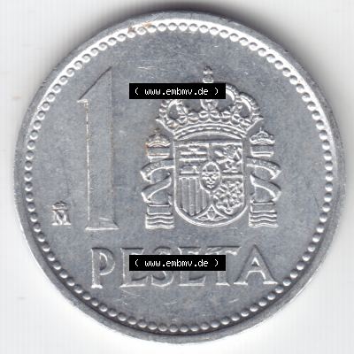 Münzen Spanien Umlaufmünze 1982-1989, 1 Peseta, 1 Pesete 1987. Vorderseite der alten Peseten Umlaufmünze aus Spanien vor Einführung der Euromünzen in Spanien... Sammlung