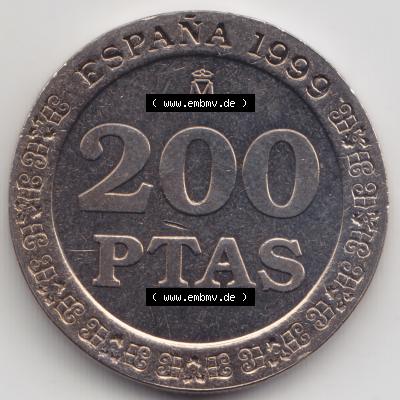 Münzen Spanien Umlaufmünze 1998-2000, 200 PTAS, Peseten 1999. Vorderseite der alten Peseten Umlaufmünze aus Spanien vor Einführung der Euromünzen in Spanien... Sammlung