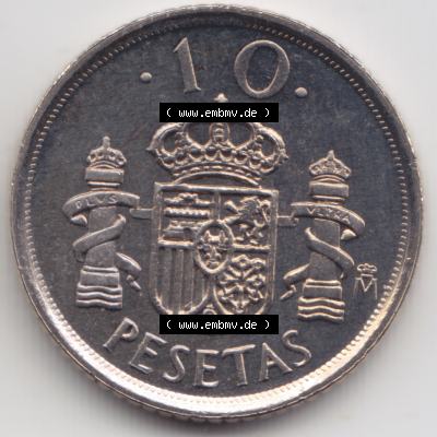 Münzen Spanien Umlaufmünze 1998-2000, 10 Pesetas, Peseten 1999. Vorderseite der alten Peseten Umlaufmünze aus Spanien vor Einführung der Euromünzen in Spanien... Sammlung