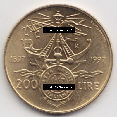 Münzen Italien Gedenkmünze 1997-1997, 200 Lire Italienische Meeresliga. Vorderseite der alten italienischen Münze aus Italien in der italienischen Lira-Währung zum katalogisieren... Sammlung