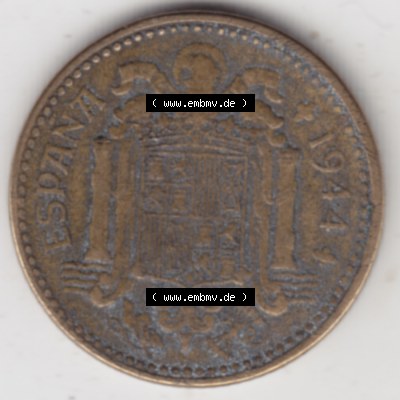 Münzen Spanien Umlaufmünze 1944-1944, 1 Pesete 1944. Rückseite der spanischen Umlaufmünze aus Spanien vor der Euro-Einführung in Spanien zum katalogisieren im spanischen... Sammlung