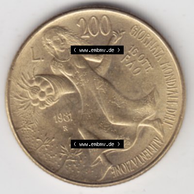 Münzen Italien Gedenkmünze 1981-1981, 200 Lire FAO - Welternährungstag. Vorderseite der alten italienischen Münze aus Italien in der italienischen Lira-Währung zum... Sammlung