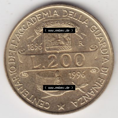 Münzen Italien Gedenkmünze 1996-1996, 200 Lire Zollakademie. Vorderseite der alten italienischen Münze aus Italien in der italienischen Lira-Währung zum katalogisieren... Sammlung