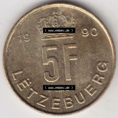 Münzen Luxemburg Umlaufmünze 1989-1995, 5 Franken - Francs 1990, Bild mit Vorderseite der Münze als Bildmaterial Sammlung