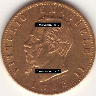 Münzen Italien Goldmünze 1861-1870, 20 Lire Vittorio Emanuele I. Goldmünze 1863. Rückseite der alten italienischen Münze aus Italien in der italienischen Lira-Währung... Sammlung