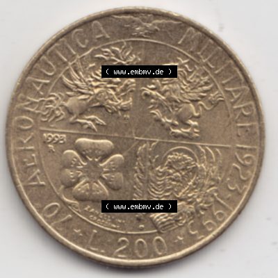Münzen Italien Gedenkmünze 1993-1993, 200 Lire Militärischen Luftfahrt. Vorderseite der alten italienischen Münze aus Italien in der italienischen Lira-Währung zum... Sammlung
