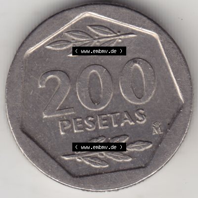 Münzen Spanien Umlaufmünze 1986-1988, 200 Pesetas - Peseten 1986. Vorderseite der alten Peseten Umlaufmünze aus Spanien vor Einführung der Euromünzen in Spanien zum... Sammlung