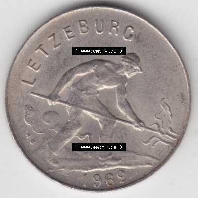 Münzen Luxemburg Umlaufmünze 1952-1964, 1 F, Franc, Franken 1962, Bild mit Rückseite der Münze als Bildmaterial Sammlung