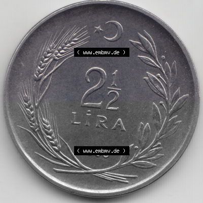 Münzen Türkei Umlaufmünze 1960-1968, 2.50 Lira. Vorderseite der Münze der Türkei als Bildmaterial für Sammler und Münzen-Webseiten... Sammlung
