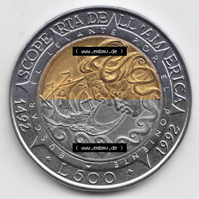 Münzen San Marino Gedenkmünze 1992-1992, 500 Lire Columbus. 500 Lire Gedenkmünzen von San Marino Eurovorläufer als Bildmaterial... Sammlung