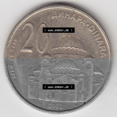 Münzen Serbien Umlaufmünze 2003-2003, 20 Dinar 2003. Münzen aus Serbien als Bildmaterial für Sammler und Münzen-Webseiten... Sammlung