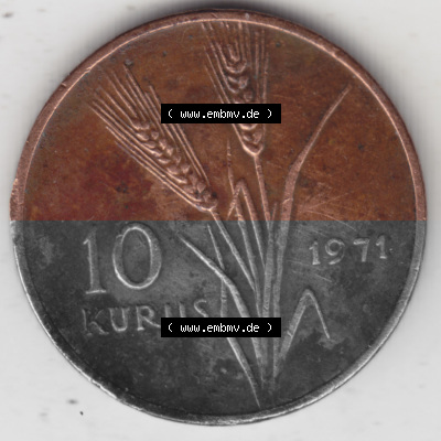 Münzen Türkei Umlaufmünze 1969-1973, 10 Kurus. Vorderseite der Münze der Türkei als Bildmaterial für Sammler und Münzen-Webseiten... Sammlung