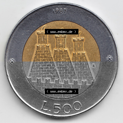 Münzen San Marino Gedenkmünze 1987-1987, 500 Lire 15. Jahrestag - Wiederaufnahme der Münzenprägung. 500 Lire Gedenkmünzen... Sammlung