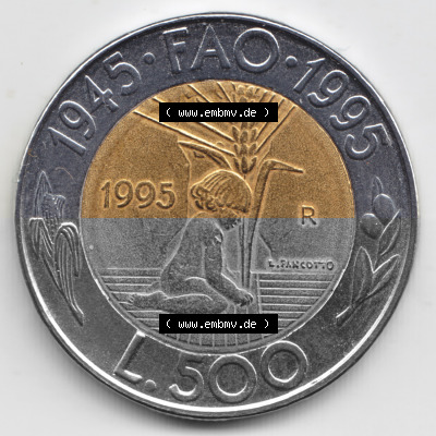 Münzen San Marino Gedenkmünze 1995-1995, 500 Lire F.A.O.. 500 Lire Gedenkmünzen von San Marino Eurovorläufer als Bildmaterial... Sammlung