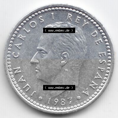 Münzen Spanien Umlaufmünze 1982-1989, 1 Peseta, 1 Pesete 1987. Rückseite der spanischen Umlaufmünze aus Spanien vor der Euro-Einführung... Sammlung