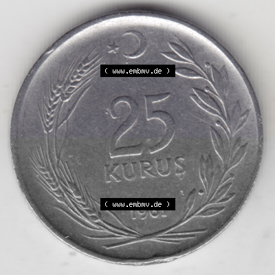 Münzen Türkei Umlaufmünze 1960-1966, 25 Kurus. Vorderseite der Münze der Türkei als Bildmaterial für Sammler und Münzen-Webseiten... Sammlung