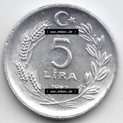 Münzen Türkei Umlaufmünze 1982-1982, 5 Lira. Vorderseite der Münze der Türkei als Bildmaterial für Sammler und Münzen-Webseiten... Sammlung