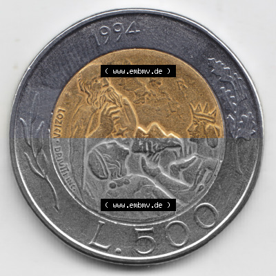Münzen San Marino Gedenkmünze 1994-1994, 500 Lire Steinmetz mit Hammer und Meißel Rauchtürme. Wappen der 500 Lire Gedenkmünzen... Sammlung