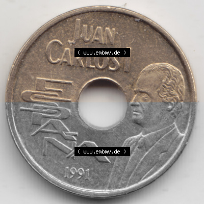 Münzen Spanien Umlaufmünze 1990-1991, 25 PTAS - Peseten 1991. Rückseite der spanischen Umlaufmünze aus Spanien vor der Euro-Einführung... Sammlung