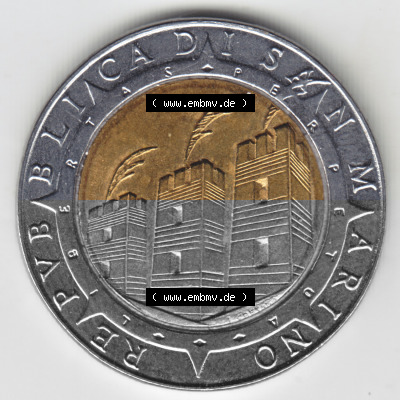 Münzen San Marino Gedenkmünze 1992-1992, 500 Lire Columbus. Wappen der 500 Lire Gedenkmünzen von San Marino Eurovorläufer... Sammlung