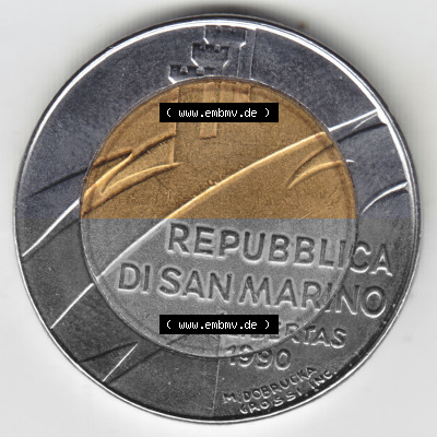 Münzen San Marino Gedenkmünze 1990-1990, 500 Lire 1600 Jahre San Marino. Wappen der 500 Lire Gedenkmünzen von San Marino Eurovorläufer... Sammlung