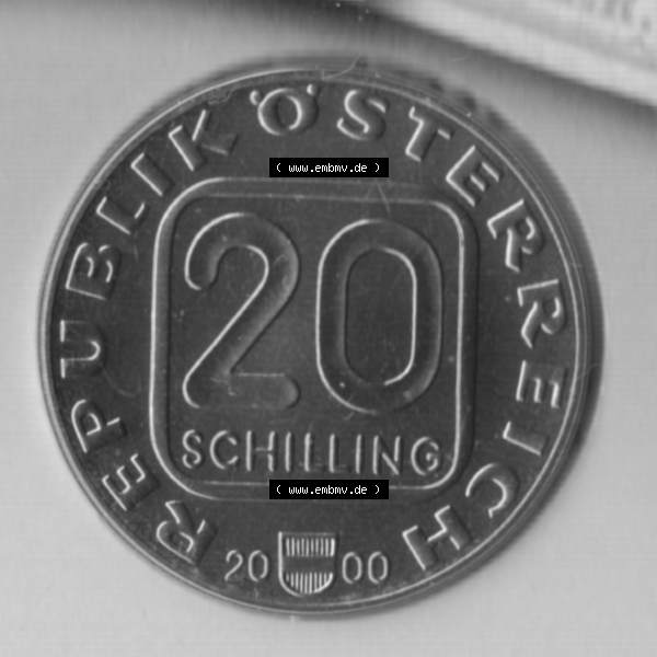 Grau bzw. s/w Münzen Österreich Gedenkmünze aus Münzsatz 2000, 20 Schilling 150 Jahre Briefmarken, Bild mit Vorderseite der Münze aus Österreich als Bildmaterial, für... Sammlung Graustufen