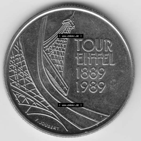 Grau bzw. s/w Münze Frankreich 1989-1989, 5 Francs Franken Eiffelturm. Rückseite der alten französischen Umlaufmünze aus Frankreich in der Francs-Währung zum katalogisieren und... Sammlung Graustufen
