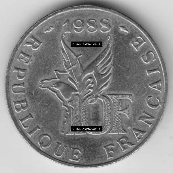 Grau bzw. s/w Münze Frankreich 1988-1988, 10 Francs Roland Garros, Bild mit Rückseite der Münze zum Download Sammlung Graustufen