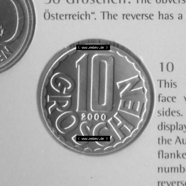 Grau bzw. s/w Münzen Österreich Umlaufmünze aus Münzsatz 1951-2001 10 Groschen 2000, Bild mit Vorderseite der Münze aus Österreich als Bildmaterial, für dich selbst Sammlung Graustufen