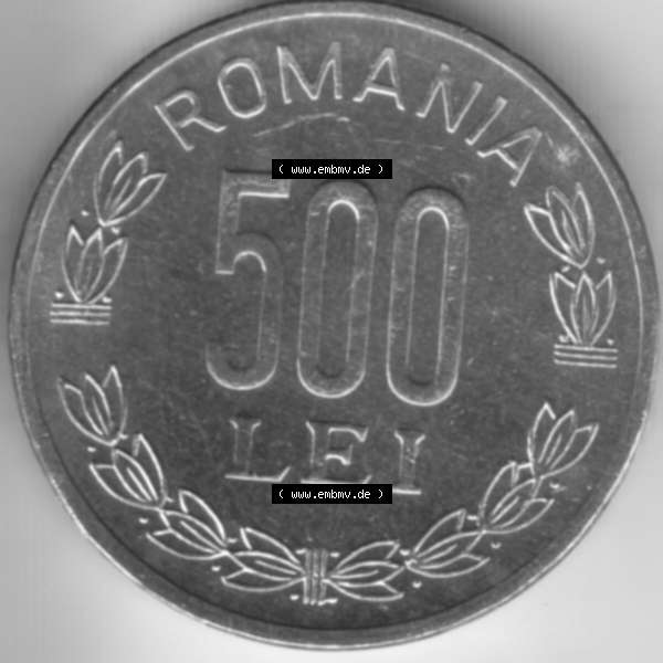 Grau bzw. s/w Münzen Rumänien Umlaufmünze aus Münzsatz 1998-2006, 500 Lei, Bild mit Vorderseite der Münze als Bildmaterial Sammlung Graustufen