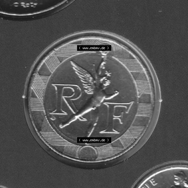 Grau bzw. s/w Münze Frankreich 2000, 10 Francs. Rückseite der alten französischen Umlaufmünze aus Frankreich in der Francs-Währung zum katalogisieren und verwalten im Münzen-Katalog... Sammlung Graustufen