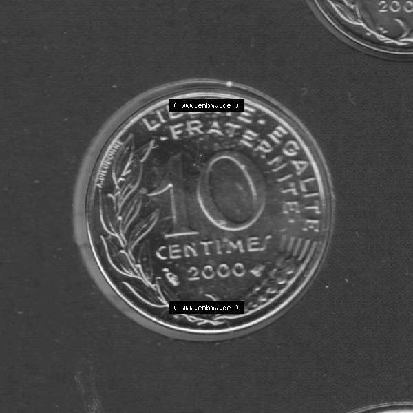 Grau bzw. s/w Münze Frankreich 2000, 10 Centimes. Vorderseite der alten französischen Umlaufmünze 10 Cmes - Centimes - Cent aus Frankreich in der Francs-Währung zum katalogisieren und... Sammlung Graustufen