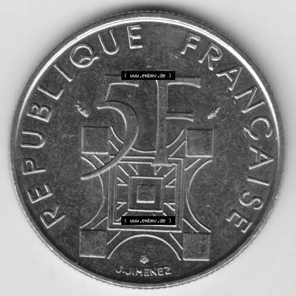 Grau bzw. s/w Münze Frankreich 1989-1989, 5 Francs Franken Eiffelturm. Vorderseite der alten französischen Umlaufmünze aus Frankreich in der Francs-Währung zum katalogisieren und verwalten... Sammlung Graustufen
