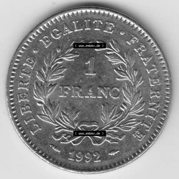 Grau bzw. s/w Münze Frankreich 1992-1992, 1 Francs Liberty Freiheitsgöttin. Vorderseite der alten französischen Umlaufmünze aus Frankreich in der Francs-Währung zum katalogisieren... Sammlung Graustufen