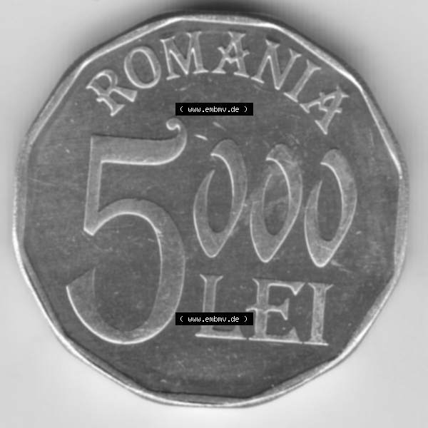 Grau bzw. s/w Münzen Rumänien Umlaufmünze aus Münzsatz 2001-2006, 5000 Lei, Bild mit Vorderseite der Münze als Bildmaterial Sammlung Graustufen