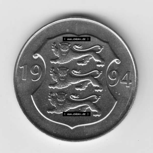 Grau bzw. s/w Münzen Estland Umlaufmünze 1994, 5 Krooni. Rückseite der alten estländische Umlaufmünze aus Estland zum katalogisieren und verwalten im Münzen-Katalog Estland... Sammlung Graustufen