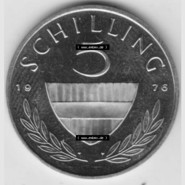 Grau bzw. s/w Münzen Österreich Umlaufmünze aus Münzsatz 1976, 5 Schilling, Bild mit Vorderseite der Münze aus Österreich als Bildmaterial, für dich selbst Sammlung Graustufen