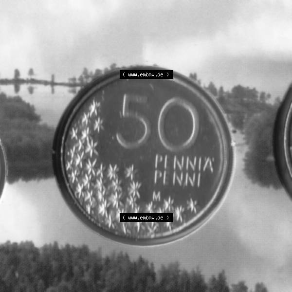 Grau bzw. s/w Münze Finnland 2001 50 Penni, Penniä . Vorderseite der alten finnischen Umlaufmünze aus Finnland SUOMI zum katalogisieren und verwalten im Münzen-Katalog Finnland mit Münzen-Verwaltung,... Sammlung Graustufen