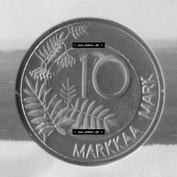 Grau bzw. s/w Münze Finnland 2001, 10 Mark, Markkaa. Vorderseite der alten finnischen Umlaufmünze aus Finnland SUOMI zum katalogisieren und verwalten im Münzen-Katalog Finnland mit... Sammlung Graustufen