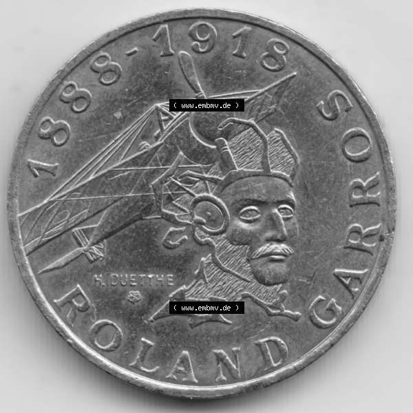 Grau bzw. s/w Münze Frankreich 1988-1988, 10 Francs Roland Garros. Vorderseite der alten französischen Umlaufmünze aus Frankreich in der Francs-Währung zum katalogisieren und verwalten... Sammlung Graustufen