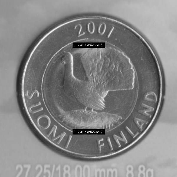 Grau bzw. s/w Münze Finnland 2001, 10 Mark, Markkaa. Rückseite der alten finnischen Umlaufmünze aus Finnland SUOMI zum katalogisieren und verwalten im Münzen-Katalog Finnland mit... Sammlung Graustufen