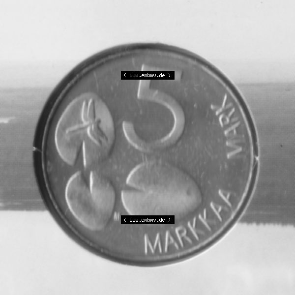 Grau bzw. s/w Münze Finnland 2001, 5 Markkaa, Mark. Vorderseite der alten finnischen Umlaufmünze aus Finnland SUOMI zum katalogisieren und verwalten im Münzen-Katalog Finnland mit Münzen-Verwaltung,... Sammlung Graustufen