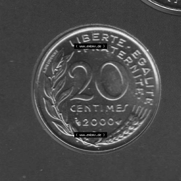 Grau bzw. s/w Münze Frankreich 2000, 20 Centimes. Vorderseite der alten französischen Umlaufmünze aus Frankreich in der Francs-Währung zum katalogisieren und verwalten im Münzen-Katalog... Sammlung Graustufen