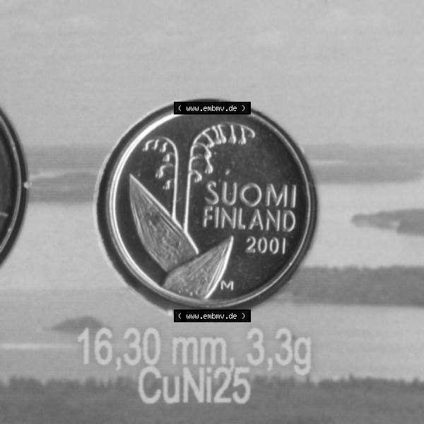 Grau bzw. s/w Münze Finnland 2001 10 Penni, Penniä. Rückseite der alten finnischen Umlaufmünze aus Finnland SUOMI zum katalogisieren und verwalten im Münzen-Katalog Finnland mit... Sammlung Graustufen