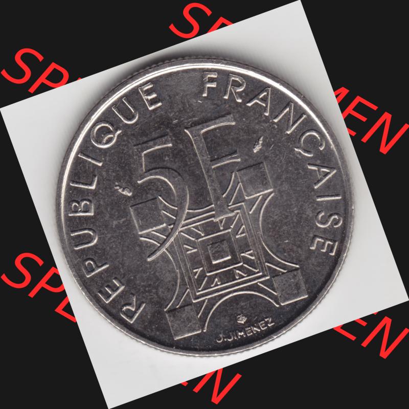 Münze Frankreich 1989-1989, 5 Francs Franken Eiffelturm. Vorderseite der alten französischen Umlaufmünze aus Frankreich in der Francs-Währung zum katalogisieren und verwalten... Sammlung