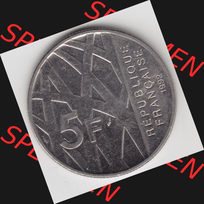 Münze Frankreich 1992-1992, 000500. 5 Francs Franken in Nickel. Vorderseite der alten französischen Umlaufmünze aus Frankreich in der Francs-Währung zum katalogisieren... Sammlung