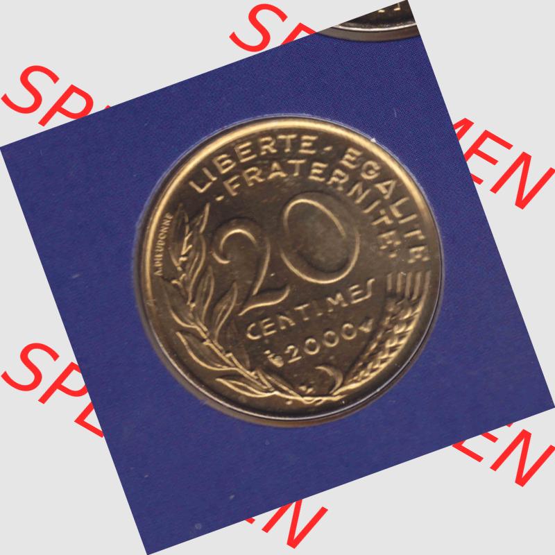 Münze Frankreich 2000, 20 Centimes. Vorderseite der alten französischen Umlaufmünze aus Frankreich in der Francs-Währung zum katalogisieren und verwalten im Münzen-Katalog... Sammlung