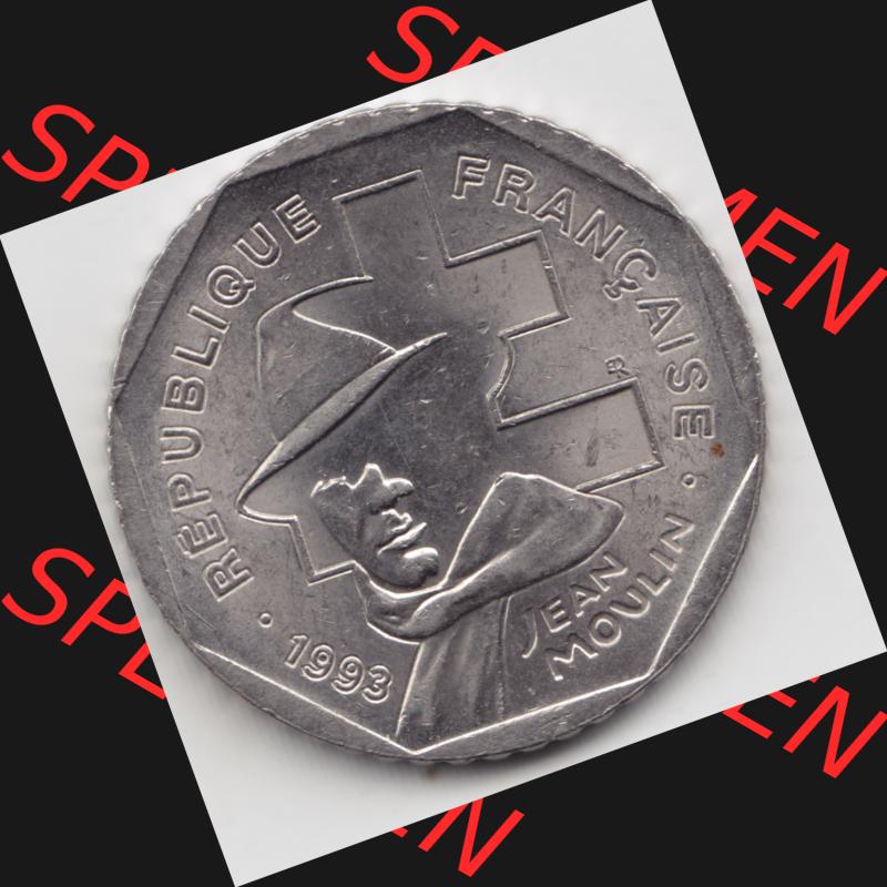 Münze Frankreich 1993-1993, 2 Francs Jean Moulin. Rückseite der alten französischen Umlaufmünze aus Frankreich in der Francs-Währung zum katalogisieren und verwalten... Sammlung