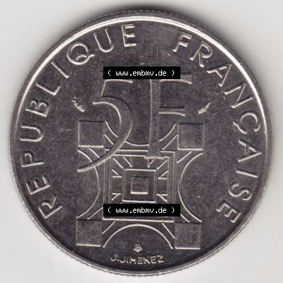 Münze Frankreich 1989-1989, 5 Francs Franken Eiffelturm. Vorderseite der alten französischen Umlaufmünze aus Frankreich in der Francs-Währung zum katalogisieren und verwalten... Sammlung
